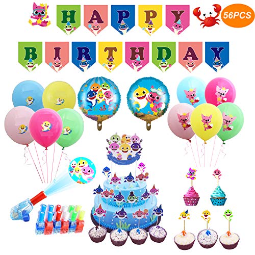 Shark Party Supplies Set Include 10 pcs 12-inch Latex Balloons, 10x Finger Lights?32 pcs Cupcake Toppers, 2 pcs 17-inch foil Balloons, 1set Banner,1 Set Cake Topper ...