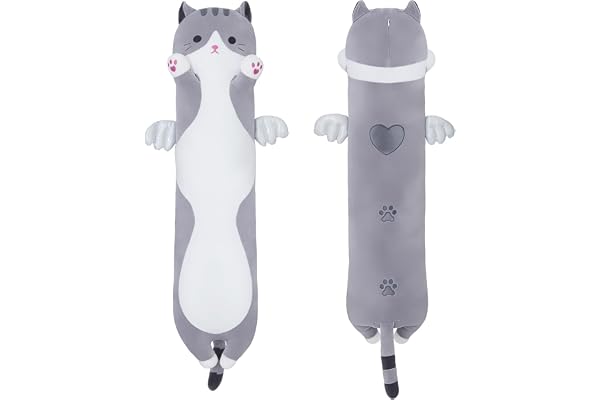 SNOWOLF Long oreiller en peluche en forme de chat - Coussin en coton - Peluche mignonne rembourrée - Jouet - Cadeau pour les enfants et les amis - Gris - 90 cm
