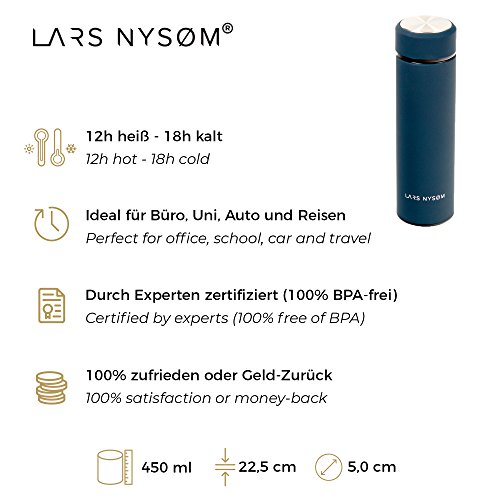 Original LARS NYSØM Design Thermosflasche ELEMENTS (450ml) I Edelstahl Thermoskanne mit vakuumisolierter Doppelwandstruktur I Premium Isolierkanne ideal für Tee, Kaffee, Büro, Camping, Wandern und Outdoor I Kühlflasche für kalte Erfrischungsgetränke I 100% BPA-frei - 2