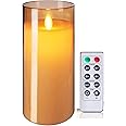 LTETTES Flameless LED Candles AA Battery Powered with Gold Acrylic Fiber Glass with Remote Controller and Timer for Home Festival Wedding Decor (3" D x 6" H)