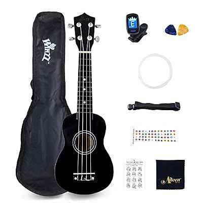 Winzz Ukulélé Soprano Kit de Démarrage pour Débutants, avec Sac, Accordeur à Pince, Cordes Supplémentaires, Sangle, Plectre, Fret Autocollants, Accords Carte, Chiffon de Polissage, Noir
