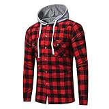 DAY.LIN Oberteile Herren Männer Lange Ärmel Gitter Bedruckter Karo Hoodie Mit Kapuze Sweatshirt Oberteile Bluse (Rot, XL=EUL)