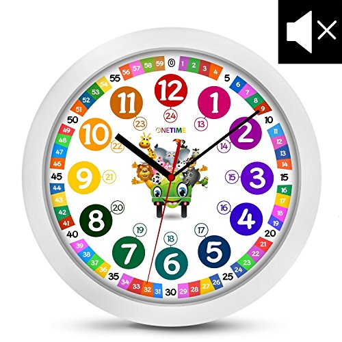 ONETIME Kinderwanduhr (Ø) 30,5 cm Kinder Wanduhr mit lautlosem Uhrenwerk und farbenfrohem Design mit Tieren - Ablesen der Uhrzeit lernen