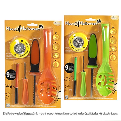 Brauns Heitmann 7008 14-teiliges Deluxe Kürbis Schnitzset mit LED-Licht, Löffel, 2 Messer, Stift, 9 Vorlagen, grün / orange - 8