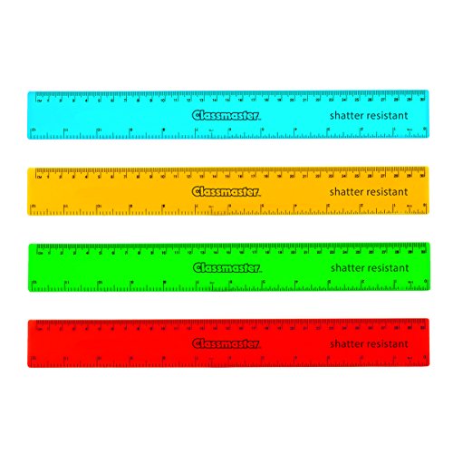 Classmaster CSPR30A Shatter-Resistant Rulers — 30 cm / 12-inch, Assorted Colours (Pack of 100)