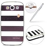 Felfy Silikonhülle für Samsung S3,Galaxy S3 Neo Hülle Ultradünnen Glitzer Weich Luxuriös Glänzend Glossy Kratzfeste Stoßdämpfung TPU Flexibel Farbe Muster Schutzhülle Handy Tasche Bumper Back Case Cover [Schwarz und Weißen Streifen] + 1x Silver Stylus+ 1x Bling Dust Plug [Farbe Random]