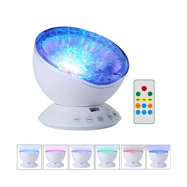 UMIWE Remote Control Ocean Wave Projector Night Light Lamp with Built-in Music Player [12 LED Beads, 7 Colorful Light Modes] for Kids Adults Bedroom Living Room - Newest Generation