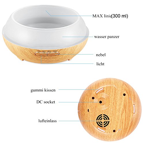 300ml Aroma Diffuser,Ultraschall Nebel Luftbefeuchter Kaltnebel Aromatherapie ätherisches Öl Düfte Diffusor Elektrische Duftlampe mit 7 LED Farbwechsel (Holzmaserung) - 5