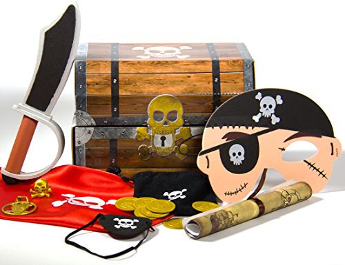 28-teiliges * KINDERPIRATEN SCHATZSUCHE SET * mit Schatztruhe + Schatzkarte - Goldtaler + Maske + Schwert + Verkleidung + uvm // Schatzkiste Schatzbox Truhe Kiste Box Piraten Schatz Party Kindergeburtstag Geburtstag