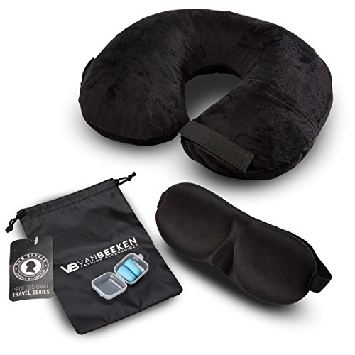 Reise-Nackenkissen Nackenhörnchen Aufblasbar – mit weichem, bequemen Fleece-Bezug – Nackenstützkissen zum Reisen mit GRATIS Schlafbrille, Ohrstöpsel und Tragetasche | VAN BEEKEN Reisekissen, schwarz - 4