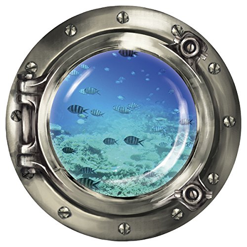 Wandkings Wandsticker Bullauge „Unterwasserwelt - Fischschwarm im Meer" - 40 x 40 cm SILBER