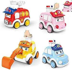 Fun Flow Baby Cars Toy for 1 Year Old Boy, Toddler Push Go Toy Wind Up Cars 4PCS , Friction Powered Press Vehicles Infant for 12 18 Months Kids Girls