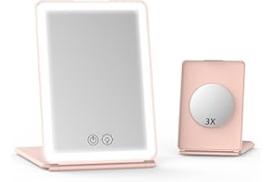 Bilitase Miroir de Maquillage,Miroir de LED Lumineux 1X/3X/ avec Ecran Tactile,Miroir de Maquillage de Voyage Pliable 3 Couleurs écran Tactile Miroir de Table (Rose)