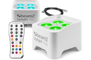 beamz BBP90W Wireless Battery Operated LED Par Uplighters Pair - 4x 4W RGB-UV LEDs, DMX Control & Remote for Event Lighting, Stage & Wall Washer Lights (White)