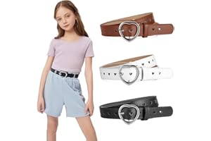 KAIOWPEIC Pack of 3 Children's Belts Girls PU Adjustable Heart Buckle Waist Belt, Heart Buckle Leather Girls Belt, Children's Belt