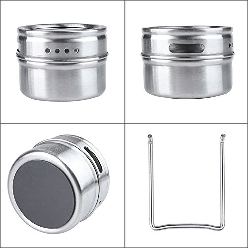 Edelstahl-Gewürzgläser, 6-teilig Magnetischer Würze-Topf mit Trestle & Rotating Transparent Deckel von Xuanlan (rund, silber) - 3