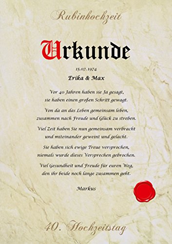 Rubinhochzeit Urkunde persönliche Geschenk Karte zum 40. Hochzeitstag Pergament div. A4 Papier Motive - 4