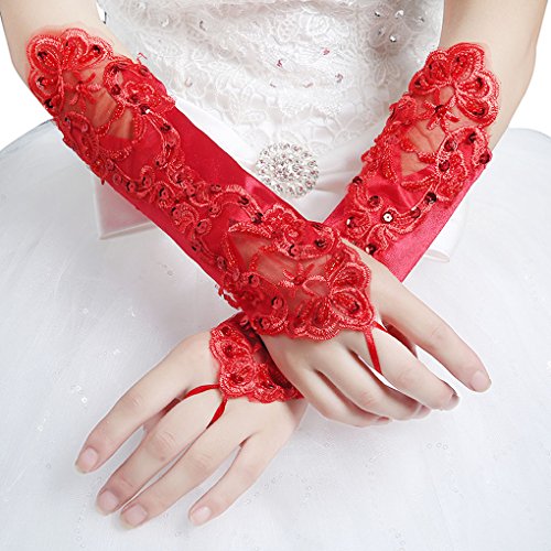 FakeFace Ellenbogen Länge Brauthandschuhe Satin Fingerlos Handschuh mit Spitze und Pailletten Party Abendhandschuhe Frühling Sommer Herbst Winter - 6
