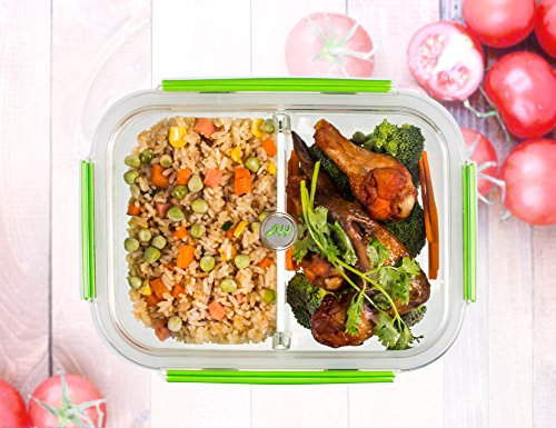 SELEWARE Lunchbox Kinder Glas mit Fächern Auslaufsicher Frischhaltedosen lock mit Deckel Mikrowellengeeignet 100% BPA frei Lebensmittelbehälter Groß Lebensmittelbox Frischhaltebox Bento Box Ofen Gefrierschrank Spülmaschine Safe für Erwachsene Rechteck Grün 1040ML - 3