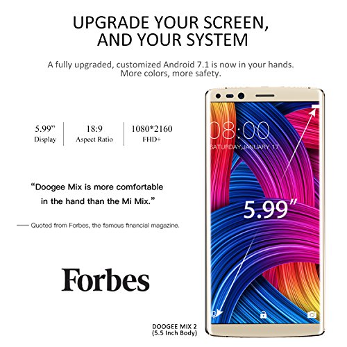 Handy ohne Vertrag,DOOGEE MIX 2 Dual SIM Guenstig Smartphone mit 4G Android 7.1,5.99 Zoll FHD Display 6GB+64GB RAM,Helio P25 Prozessor,8.0MP Dual Front Kameras,13MP+16MP Quad-Kameras,4060mAh handys,USB Type-C,Face Unlock-Gold