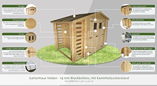 Gartenhaus Velden – 2,56 x 2,00 Meter aus 19mm Blockbohlen mit Kaminholzunterstand - 3