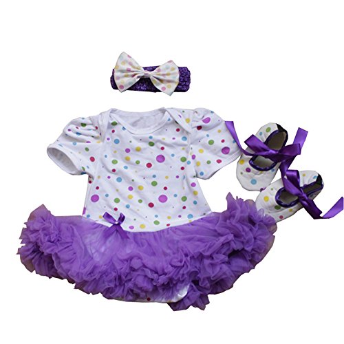 ZOEREA 3 PCS Newborn Baby Girls Bowknot Bow Headband Hairband + Polka Dot Purple Romper Tutu Pleated Skirt Dress + Soft Shoes Outfit Clothes Tutu Dress for 0-12M Baby Summer Girl Dresses Bodysuit