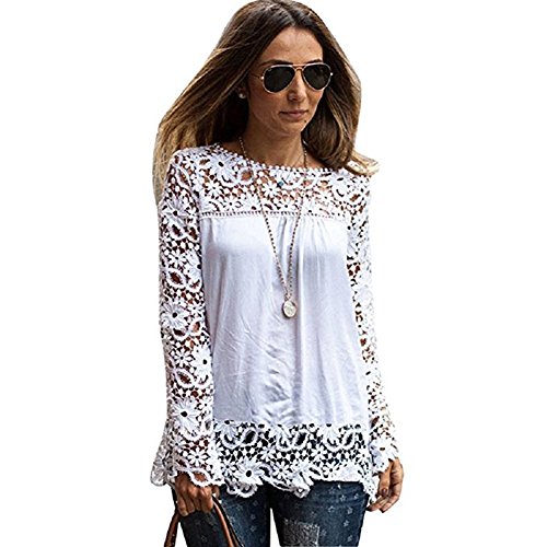 Elite99 Women Long Sleeve Embroidery Lace Chiffon Tops (White,18)