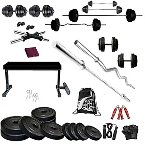 Bodyfit S-Deluxe Home Gym Combo Flat Bench With 50 Kg Weight Plates 4 Rods Home Gym Set & Fitness Kit, Pvc, Black