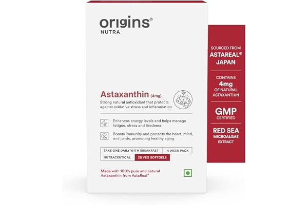 Origins Nutra Astareal Natural Astaxanthin 4 mg from Japan Antioxidant for Energy, Immunity & Muscle Recovery 28 veg. Softgels GMP Certified Pack of 1