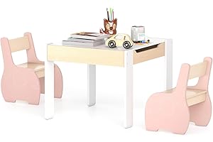 COSTWAY 3 in 1 Set Tavolo e Sedie per Bambini, Tavolo da Attività per Bambini con 2 Sedie, Lavagna Rimovibile e Deposito, per Giocare, Disegnare e Leggere, in Legno (Rosa)