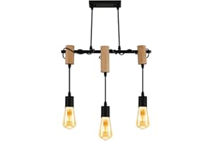 Delaveek Lustre Modernes 3 Lumières, Lustres Rétro en Bois et Métal Noir, Réglable en Hauteur, Plafonnier Industriel E27 pour Table à Manger, Bar à thé, Escalier, Chambre à Coucher(Sans Ampoule)