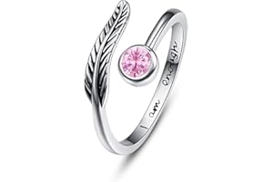praymos Birthstone Adjustable Open Feather Ring 925 Sterling Silver Birth Stone Ring Jewelry Gift Birthday Gift for Mom Women Wife Girls