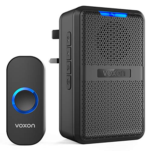 VOXON Wireless Doorbell, Waterproof Wall Plug-in Cordless Door Chime IP44 Kit With CD Quality Sound and Blue LED Flash 58 Melodies to Choose-Black
