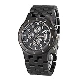BEWELL Uhren Aus Holz Herrenuhr Chronograph Quarzwerk mit Holzarmband Datum Kalender Stoppuhr Rund Holzkern Uhr (Schwarz)