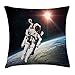 Produktbild VICKKY Galaxy Throw Pillow Cushion Cover, Astronaut Man Floating Over Earth with Powerful Sun Beams in Background Image Print, Decorative Square Accent Pillow Case, 18 X 18 inches, Orange Grey