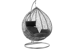 SIGNZWORLD Rattan Swing Egg Chair Hanging Garden Hammock with Cushions & Stand Outdoor Indoor Furniture (Grey Egg Chair & Black Cushion)
