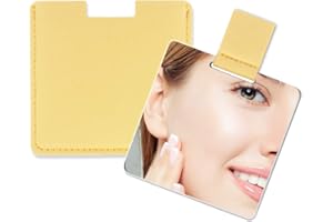 FIXLEREN Petit Miroir Ultra-Fin, en Acier Inoxydable Incassable, avec étui en Cuir PU, Facile à Transporter. Il Peut être Utilisé comme Miroir Maquillage, Poche, Portable. (Jaune)