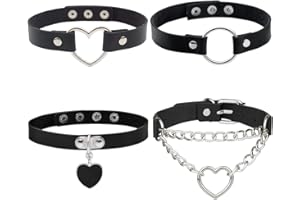 Conruich 4 Stück Leder Choker Damen Herz Anhänger Choker Einstellbar PU Leder Halskette Set Metall Ring Halsband Schwarz Punk Rock Gothic Halsband Kragen mit Kreis Herz für Frauen Zubehör