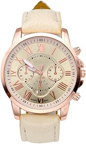 JSDDE Women's Girls Fashion Simple Roman Numerals Analog Quartz Watch, PU Leather Band Gold Tone Case -Beige