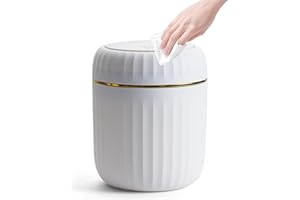 Bailtouk Cubo de Basura de Mesa con Tapa, 2L Mini Papelera Escritorio de Resorte, Papelera Pequeña Papelera de Baño para Cocina, Dormitorio, Baño, Oficina, Blanco (13×13×16cm)