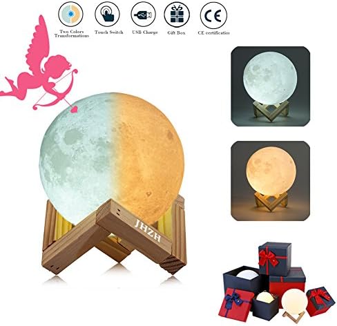 Moonlight 3D Printed Moon Lamp | Touch Control Adjustable Brightness &amp; 2 Selectable Light Option (Warm Yellow &amp; Cool White) with Solid Wooden Holder/ Stand | USB Charging (8 CM / 3.1 in)