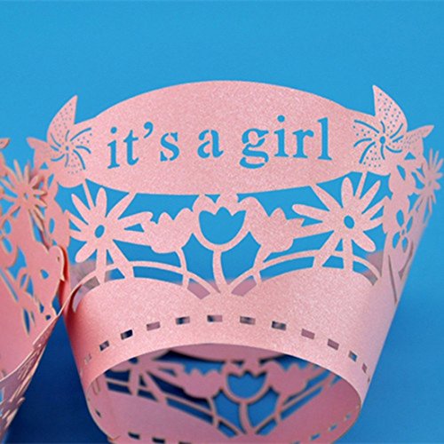 Pearly Papier IT ‚S A GIRL Design Vine Spitze Cup Cake Wrappers Tisch Deco Rosa, Pink, 12pcs - 2