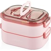 صندوق غداء Wagonlife Bento سعة 1000 مل، صندوق غداء فولاذي مكون من 3 حجرات وطابقين (وردي)