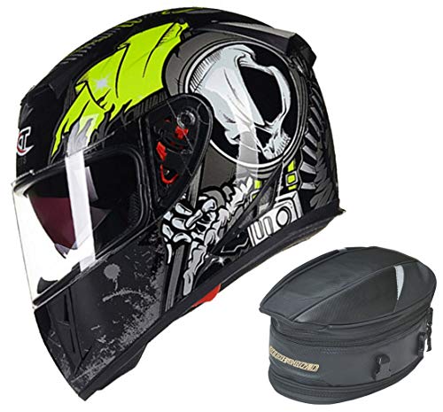 Mr·J Casque intégral, Casque de Moto intégral, Ensemble de 2 pièces, Sac de Queue de Moto ou Sac à Dos de Moto, Casque Cross Casque Quad MX,Vert,TailBagL