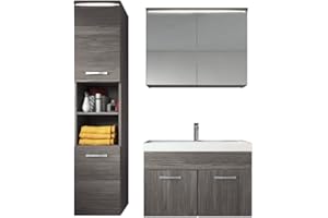 BADPLAATS B.V. Badezimmer Badmöbel Set Paso LED 80cm Waschbecken Grau Eiche - Unterschrank Hochschrank Waschbecken Spiegelschrank