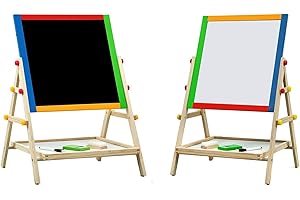 SASONS® Double Sided Kids 2 in 1 Quality Wooden Art Easel Adjustable Flip-Over Drawing Writing Board Whiteboard Blackboard Chalkboard for Children Fun Play Educational Activity Learning [65cm]