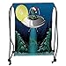 Produktbild ZKHTO Drawstring Sack Backpacks Bags,Outer Space Decor,Alien with Santa Claus Hat Kidnaps Tree for Christmas Night Airship Print,Green Blue Soft Satin,5 Liter Capacity,Adjustable String Closu