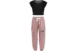 TiaoBug Survêtement Enfant Fille Ensemble de Sport Crop Top à Manches Courtes et Cargo Pantalon Jogging Danse Hip-hop Casual Sportswear 6-14 Ans