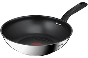 Tefal Titanium Max 28 cm Stainless Steel Wok Pan, Long Lasting Non Stick, Smart Cooking Signal Technology - Suitable for All Hobs + Induction