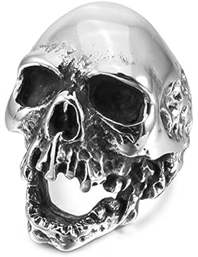 mendino Edelstahl Ring Totenkopf Gothic Biker Herren Ring Vintage Antik Silber Schwarz Farbe inklusive Samtbeutel
